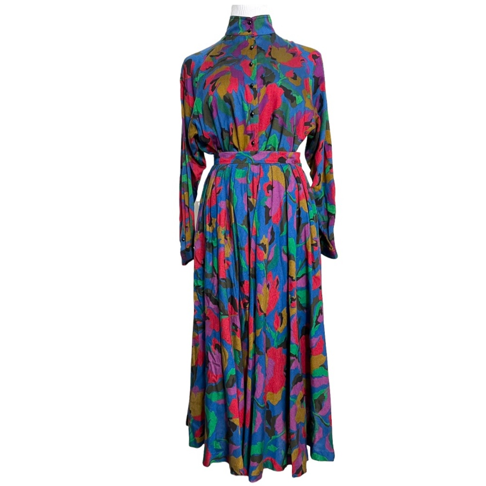 Vintage 70s / 80s JAEGER Abstract Floral Blouse and Skirt Suit in Multicolor